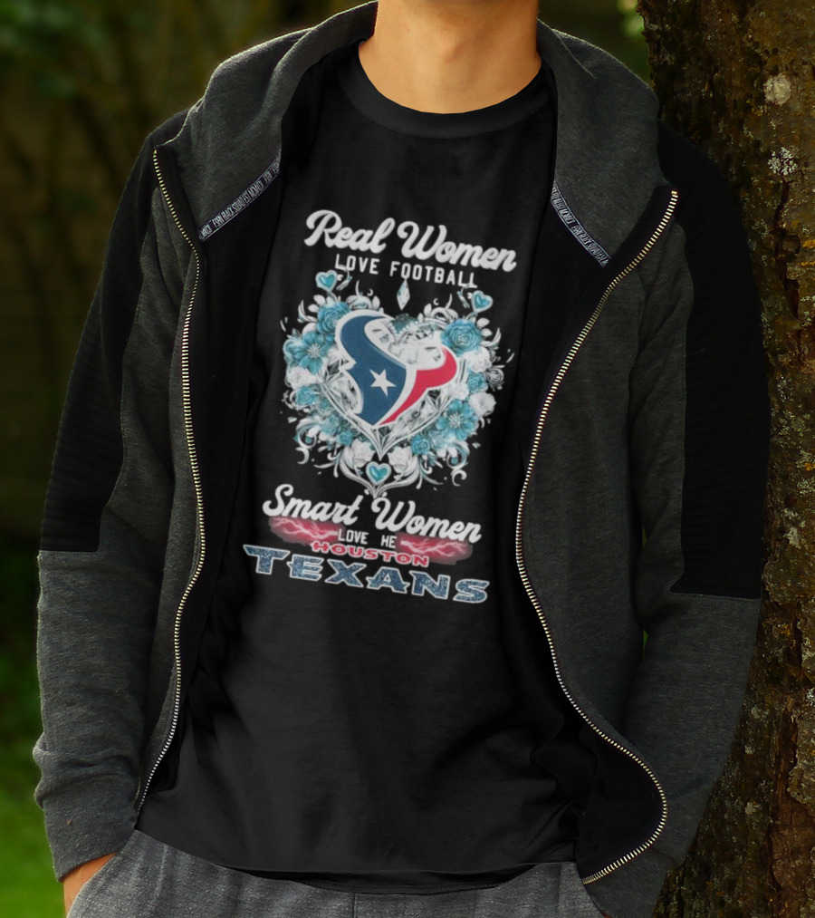 Real Women Love Football Smart Women Love The Houston Texans Floral Diamonds Heart T-Shirt