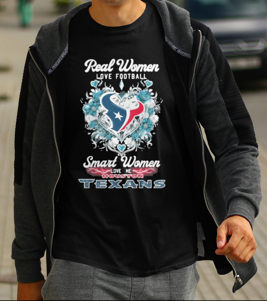 Real Women Love Football Smart Women Love The Houston Texans Floral Diamonds Heart T-Shirt