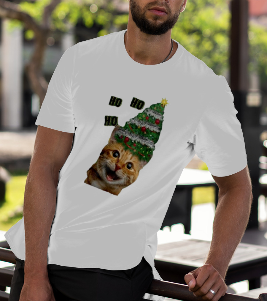 Cat With Christmas Tree Hat Ho Ho Ho Christmas T-Shirt