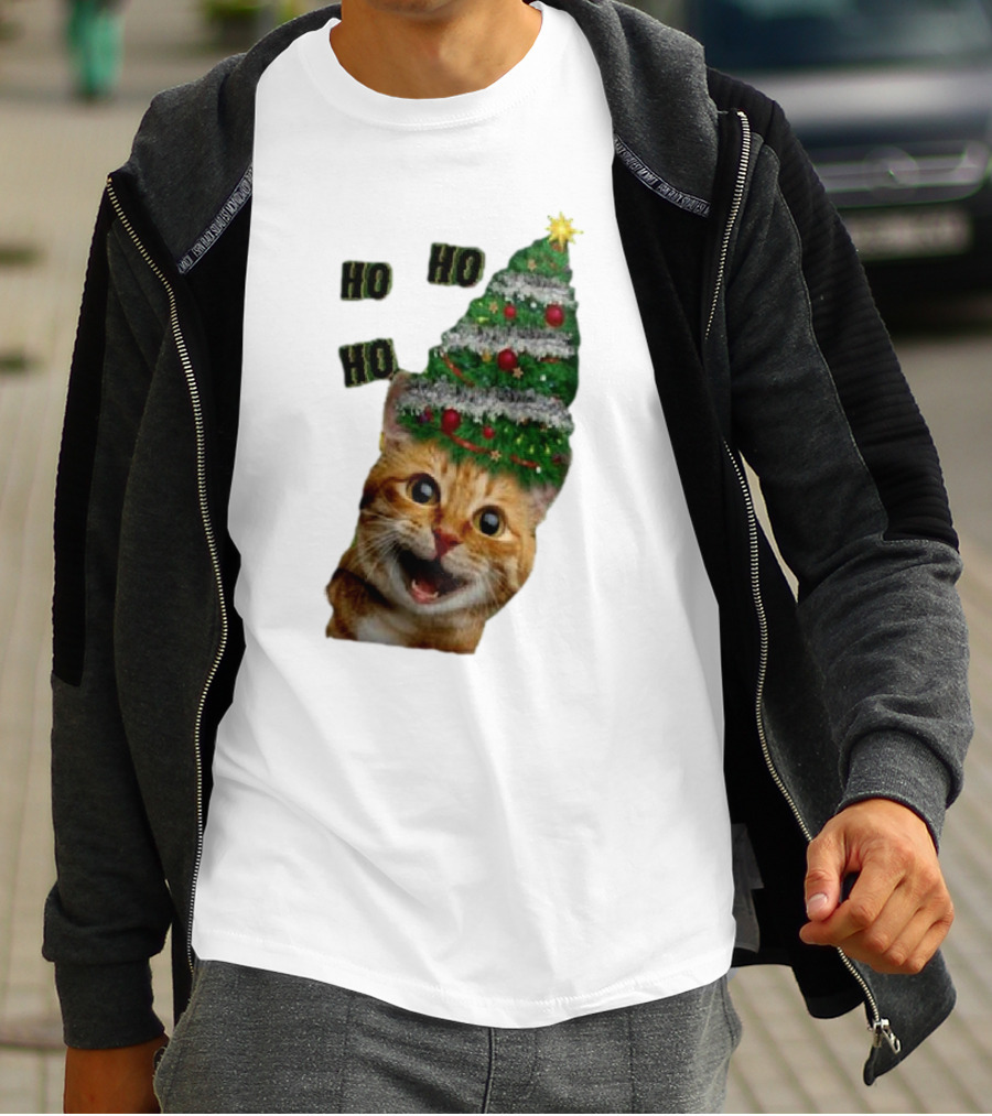 Cat With Christmas Tree Hat Ho Ho Ho Christmas T-Shirt