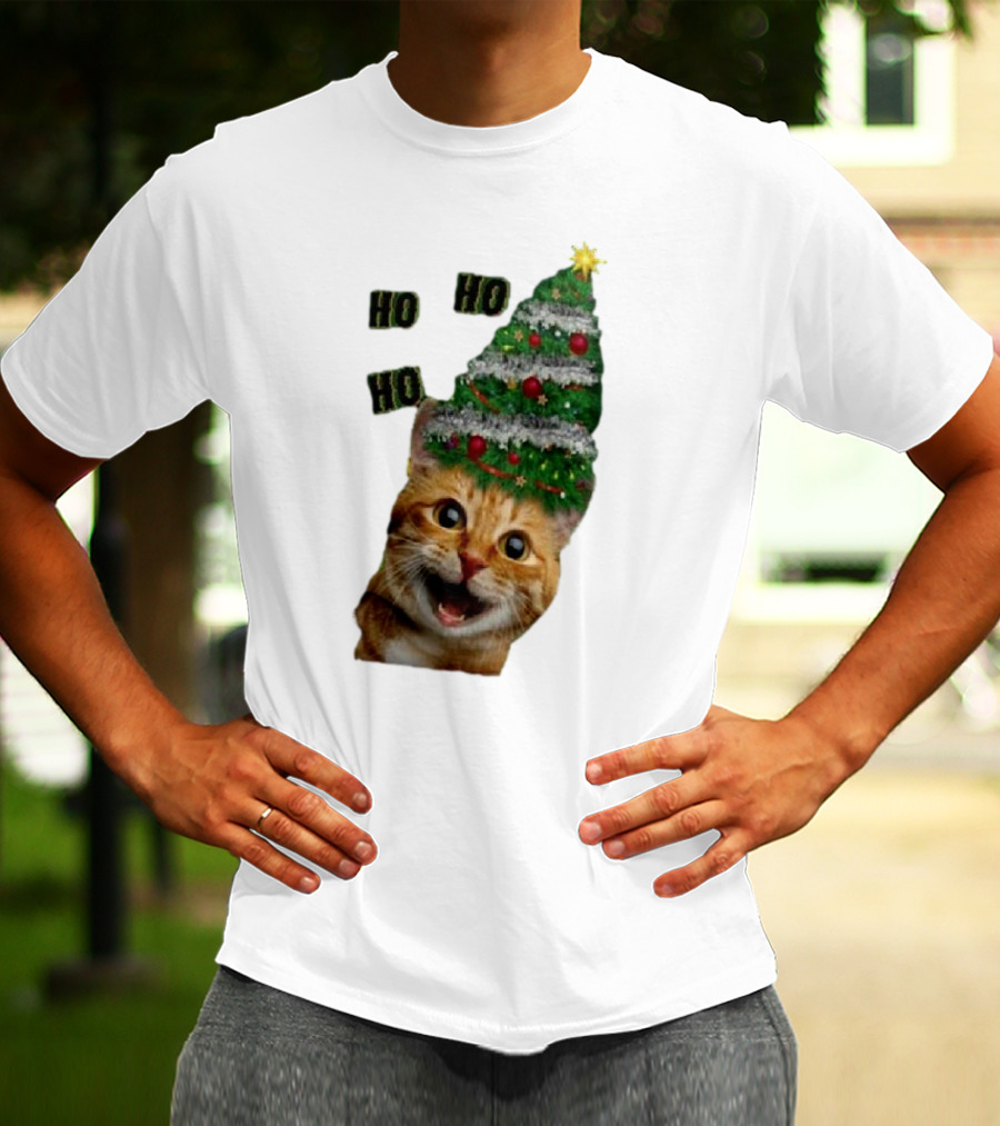 Cat With Christmas Tree Hat Ho Ho Ho Christmas T-Shirt