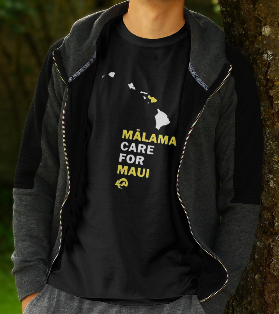 Mālama Care For Maui Los Angeles Rams Support With Hawaiian Islands Map T-Shirt