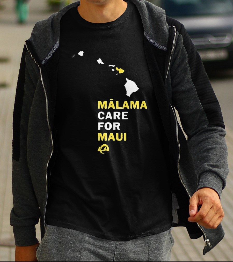 Mālama Care For Maui Los Angeles Rams Support With Hawaiian Islands Map T-Shirt