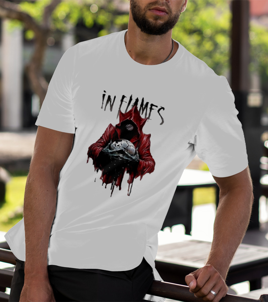 In Flames Siren Charms Red Hooded Figure Holding Cracked Mask T-Shirt