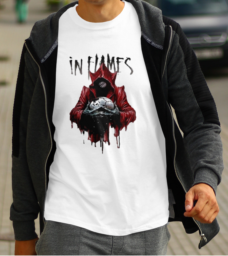 In Flames Siren Charms Red Hooded Figure Holding Cracked Mask T-Shirt