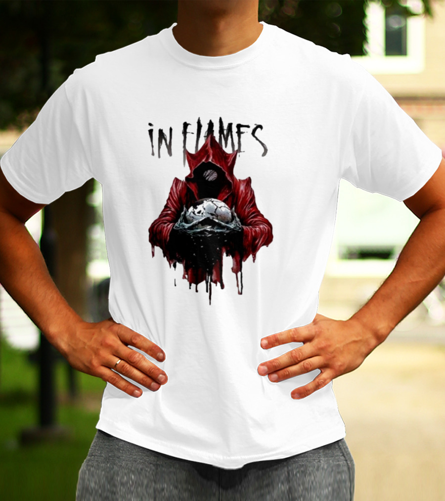 In Flames Siren Charms Red Hooded Figure Holding Cracked Mask T-Shirt