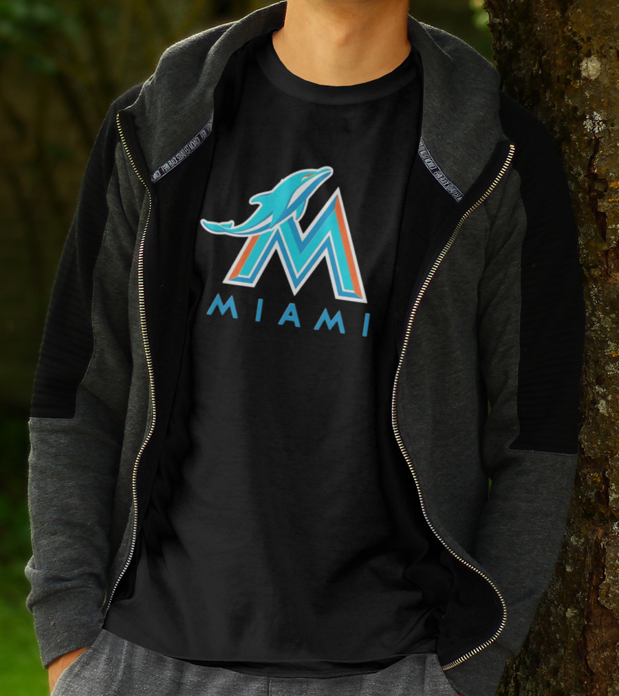 NFL X MLB Miami Dolphins X Miami Marlins M Logo Mashup Miami T-Shirt