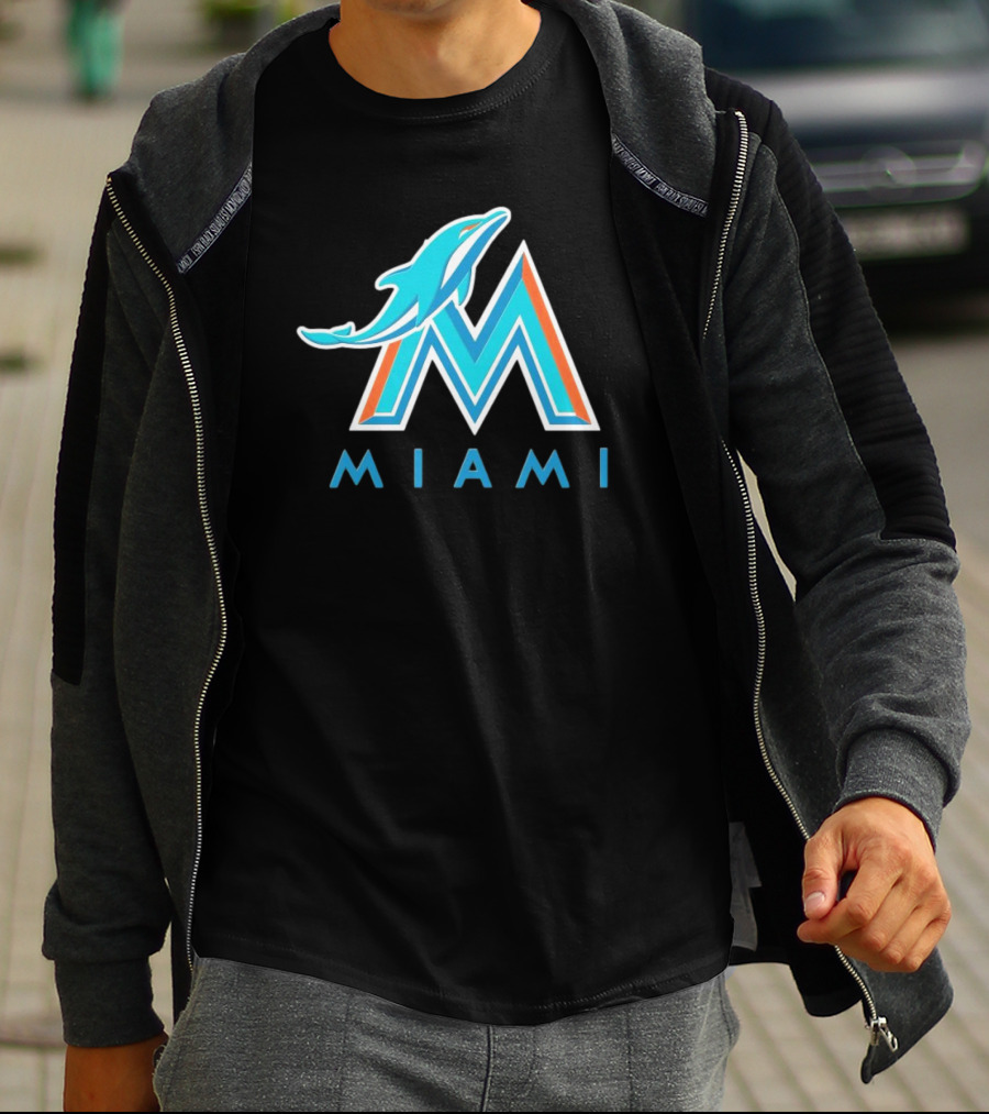 NFL X MLB Miami Dolphins X Miami Marlins M Logo Mashup Miami T-Shirt