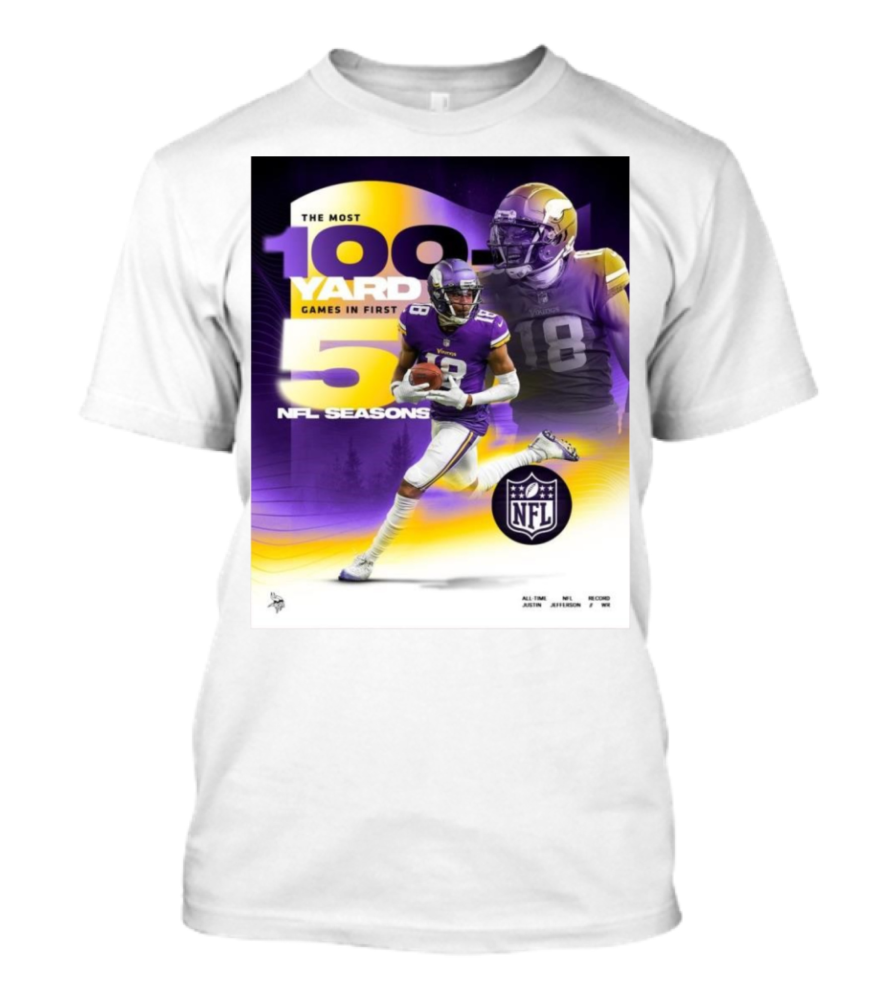 The Most 100 Yard Games In First 5 NFL Seasons Minnesota Vikings Justin Jefferson T-Shirt