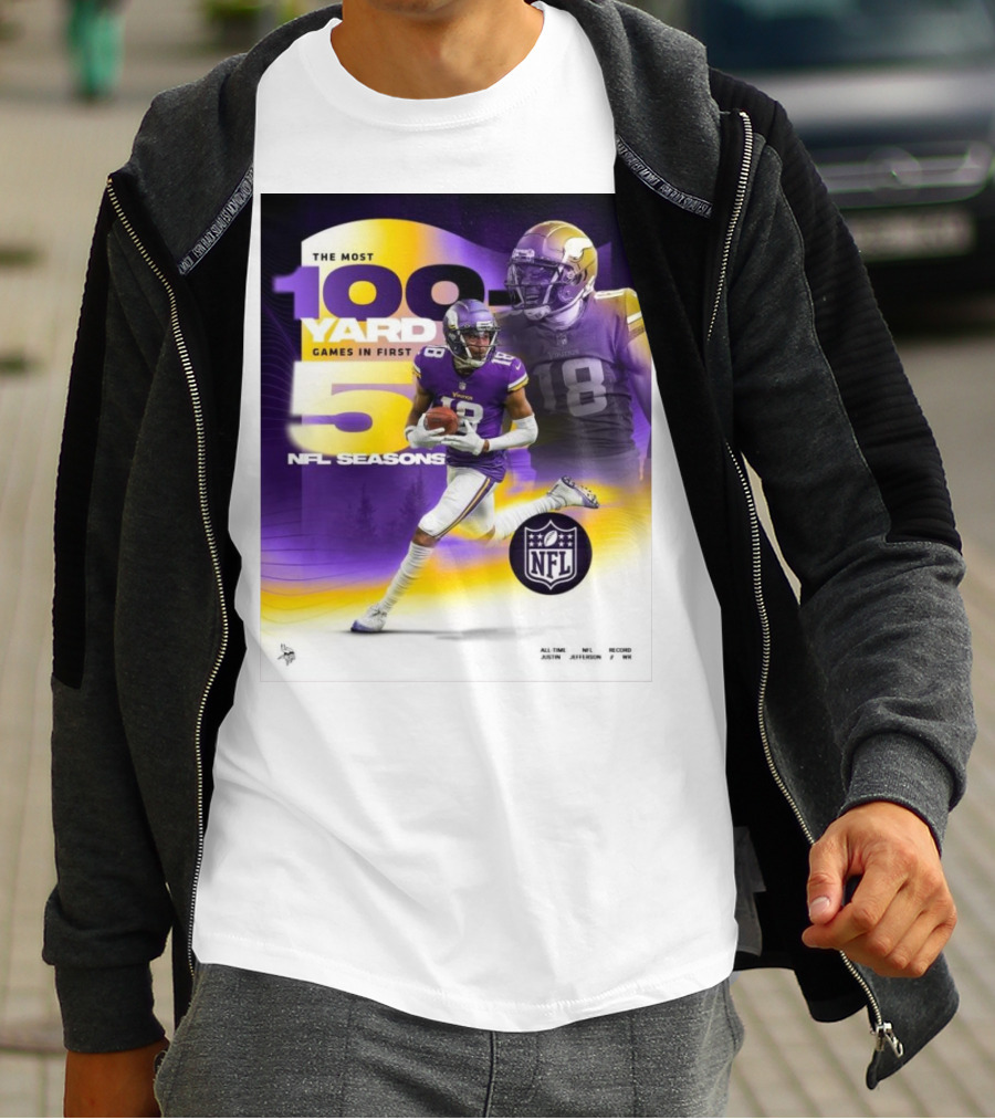 The Most 100 Yard Games In First 5 NFL Seasons Minnesota Vikings Justin Jefferson T-Shirt