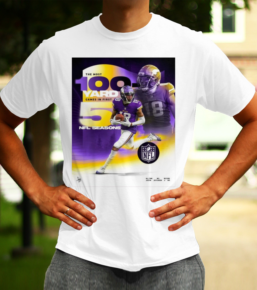 The Most 100 Yard Games In First 5 NFL Seasons Minnesota Vikings Justin Jefferson T-Shirt