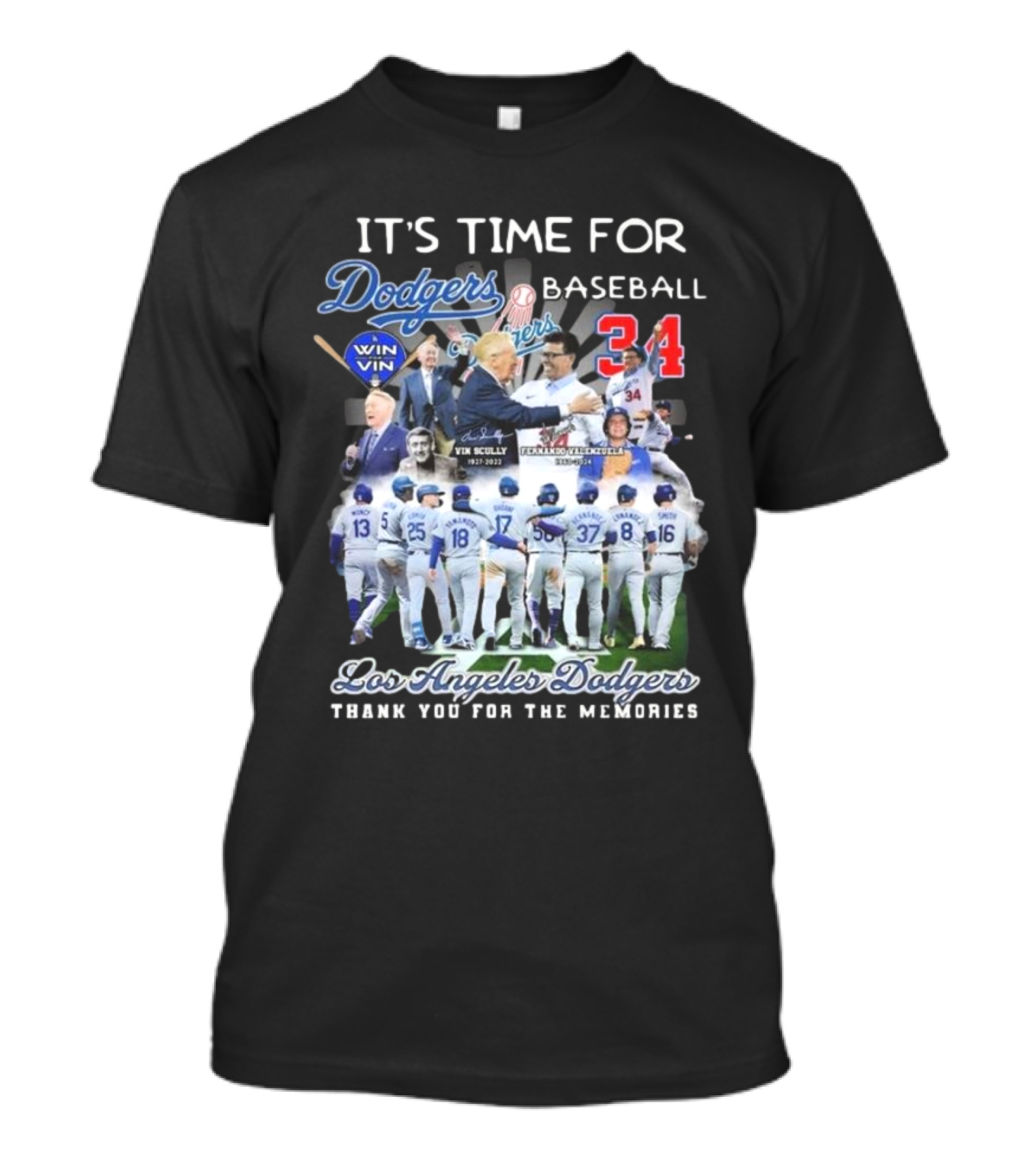 Los Angeles Dodgers It's Time For Baseball Thank You For The Memories Vin Scully 34 Signatures T-Shirt
