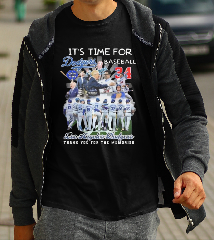 Los Angeles Dodgers It's Time For Baseball Thank You For The Memories Vin Scully 34 Signatures T-Shirt