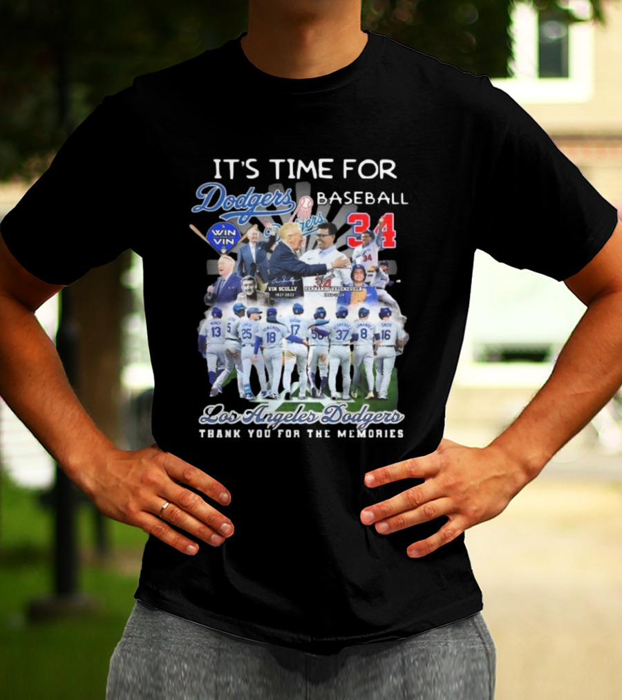 Los Angeles Dodgers It's Time For Baseball Thank You For The Memories Vin Scully 34 Signatures T-Shirt