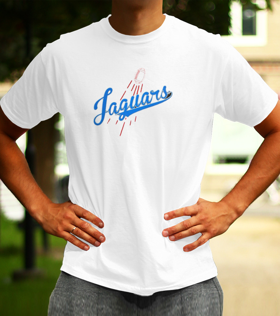 Jacksonville Jaguars Los Angeles Dodgers Crossover Jaguars Script With Football T-Shirt
