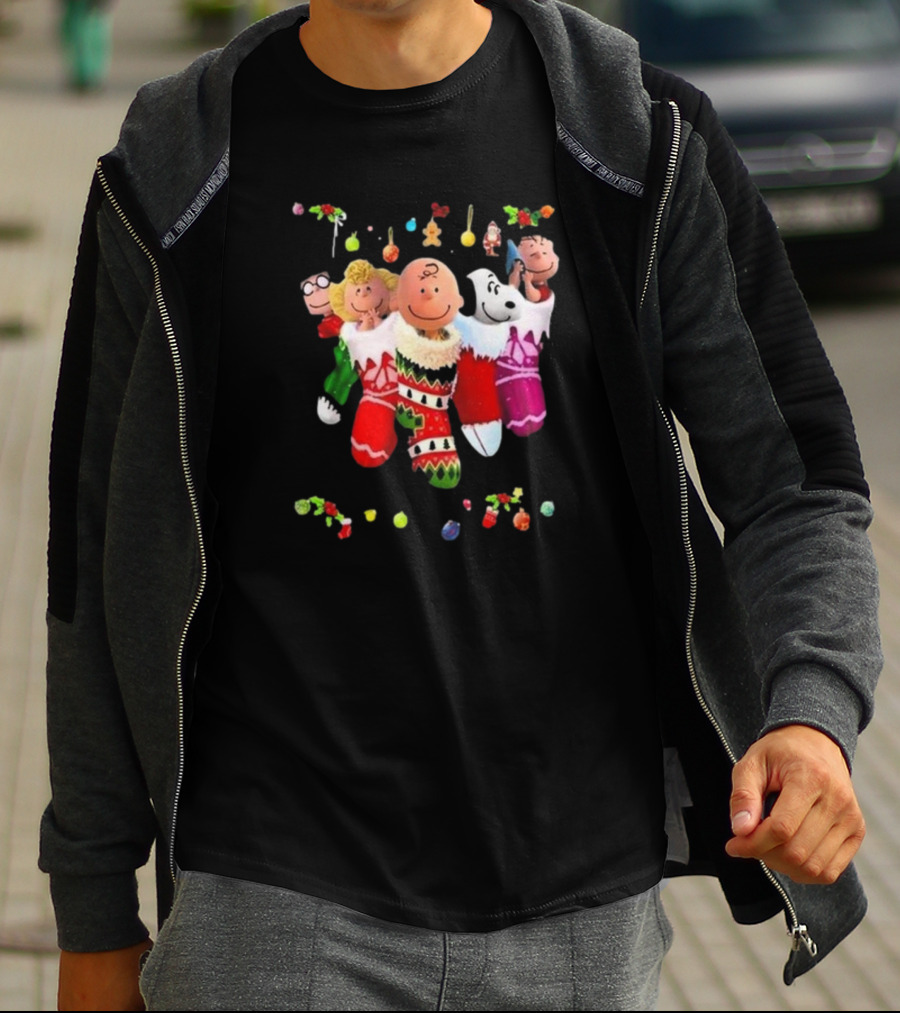 Peanuts Snoopy Charlie Brown Christmas Stockings Santa Claus Friends Holiday Cheer T-Shirt