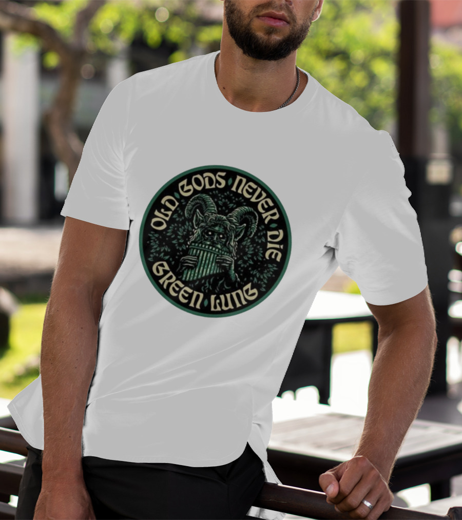 Green Lung Old Gods Never Die Pagan Horned Creature Playing Pan Flute T-Shirt