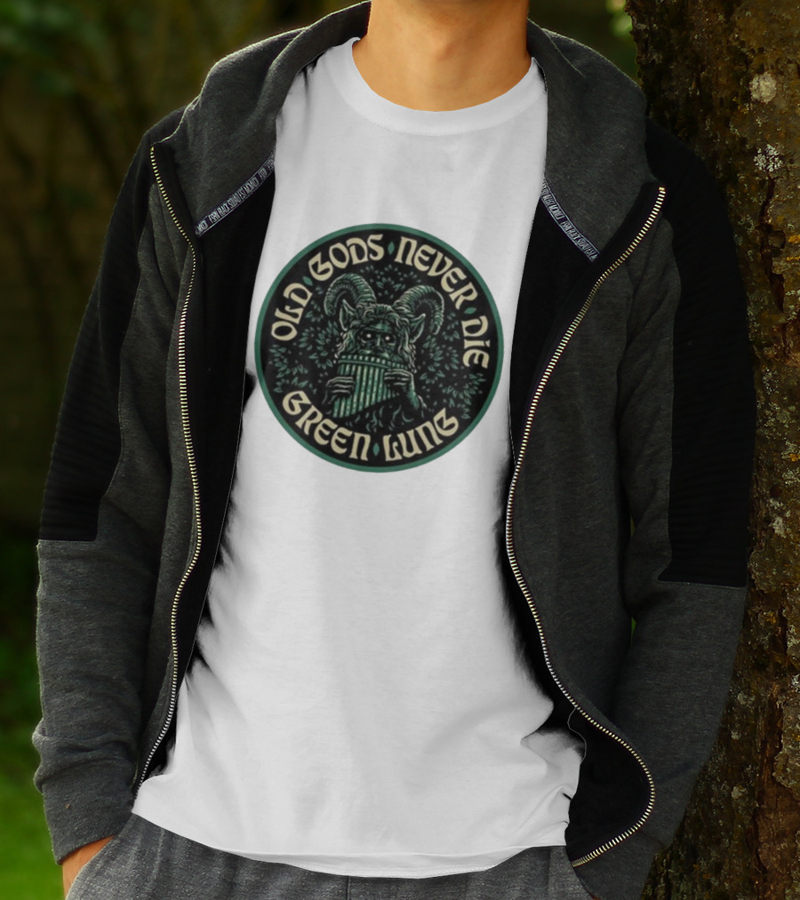 Green Lung Old Gods Never Die Pagan Horned Creature Playing Pan Flute T-Shirt