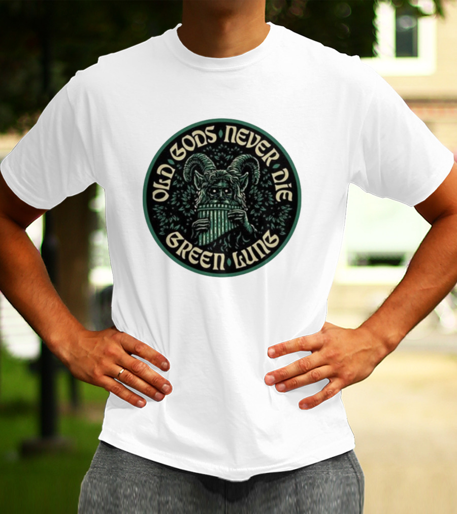 Green Lung Old Gods Never Die Pagan Horned Creature Playing Pan Flute T-Shirt
