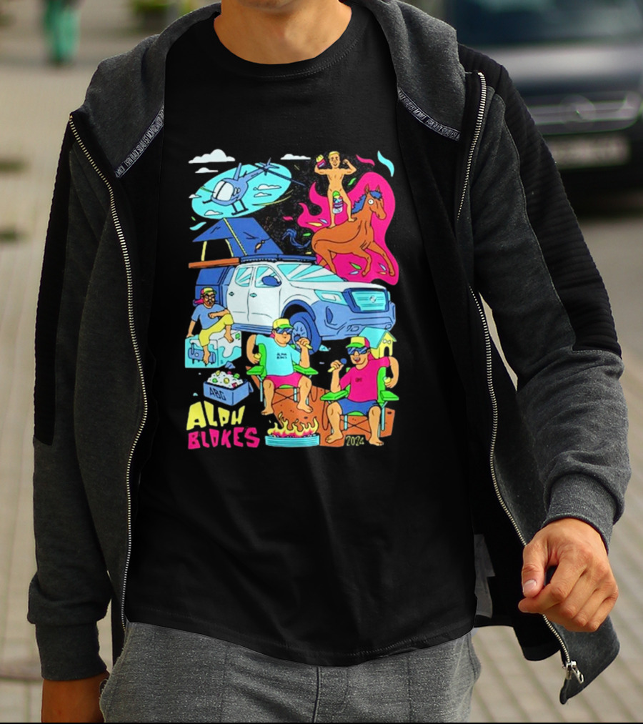 Alpha Blokes Podcast Cartoon Adventure Helicopter Beer Camping Fire T-Shirt