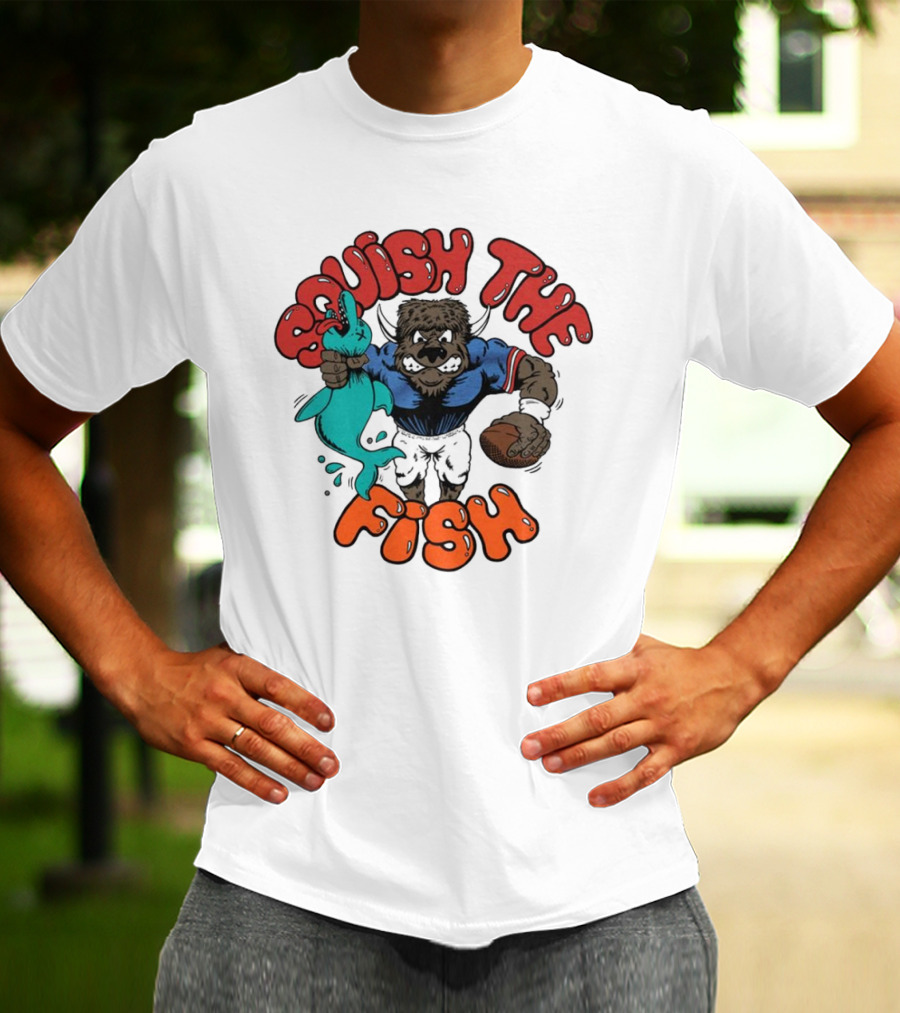 Buffalo Bills NFL Squish The Fish Vintage Rivalry Graphic Featuring Cartoon Football Player And Fish T-Shirt