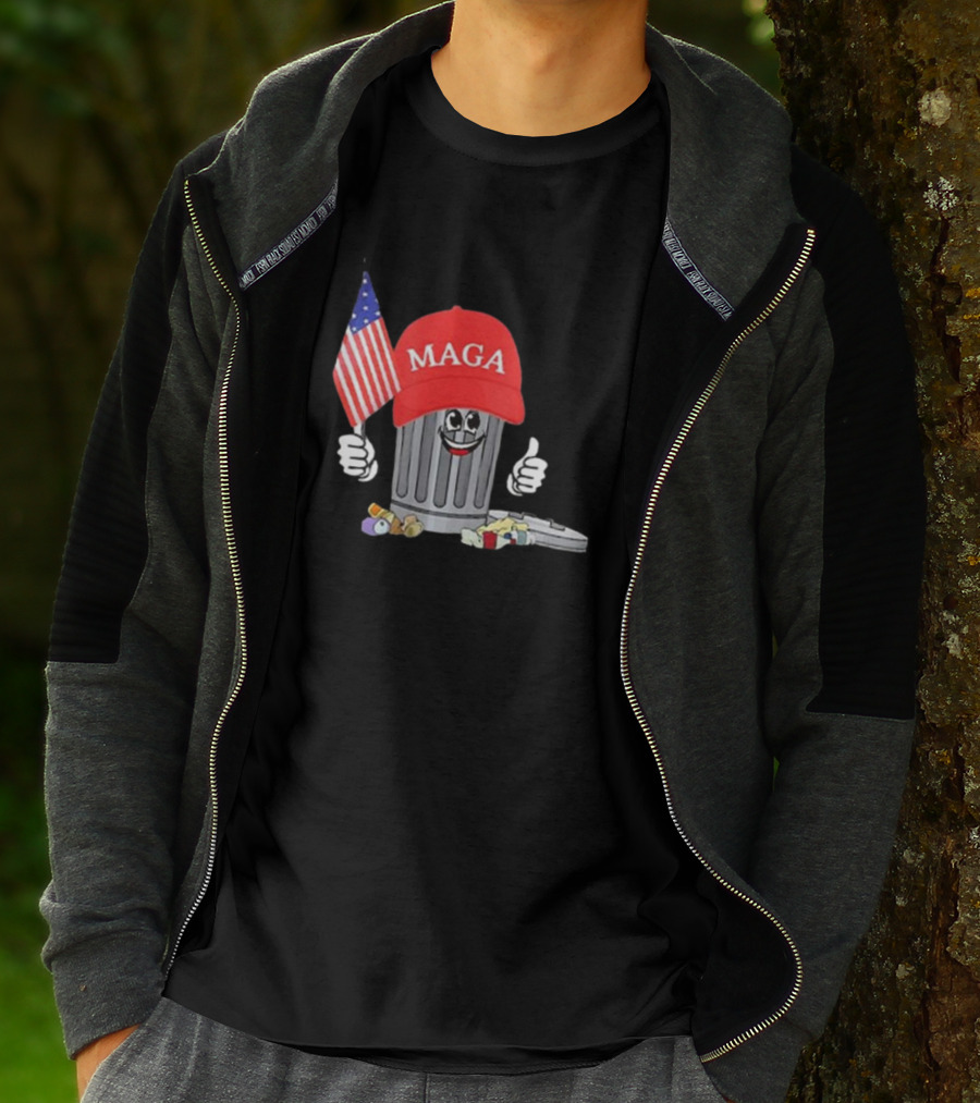 MAGA Hat Wearing Garbage Can Giving Thumbs Up Holding American Flag T-Shirt