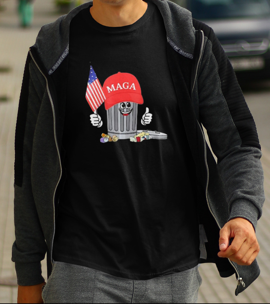 MAGA Hat Wearing Garbage Can Giving Thumbs Up Holding American Flag T-Shirt
