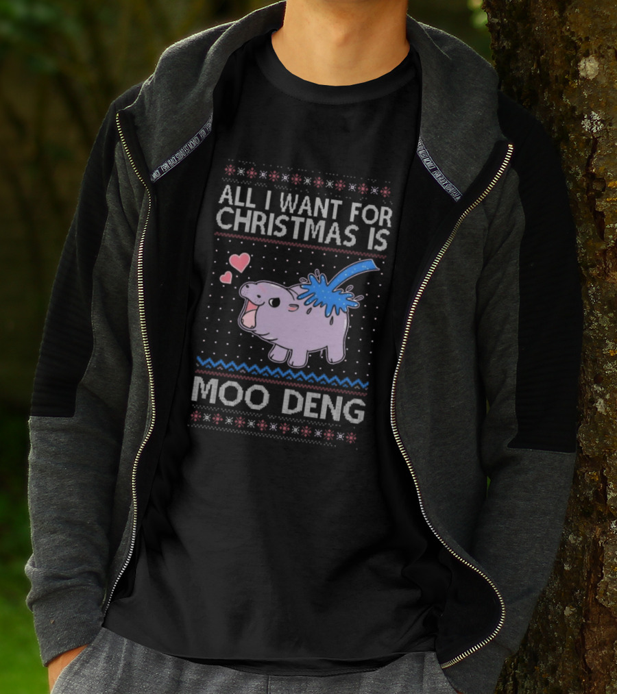 All I Want For Christmas Is Moo Deng Cute Hippo Hearts Ugly Christmas T-Shirt