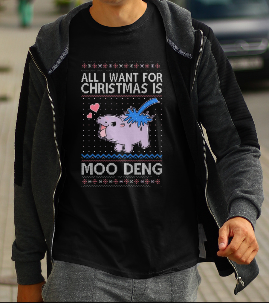 All I Want For Christmas Is Moo Deng Cute Hippo Hearts Ugly Christmas T-Shirt