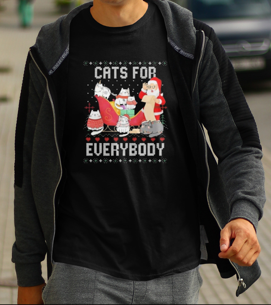 Cats For Everybody Christmas Ugly Cute Cat Lover Santa Sleigh Pullover T-Shirt