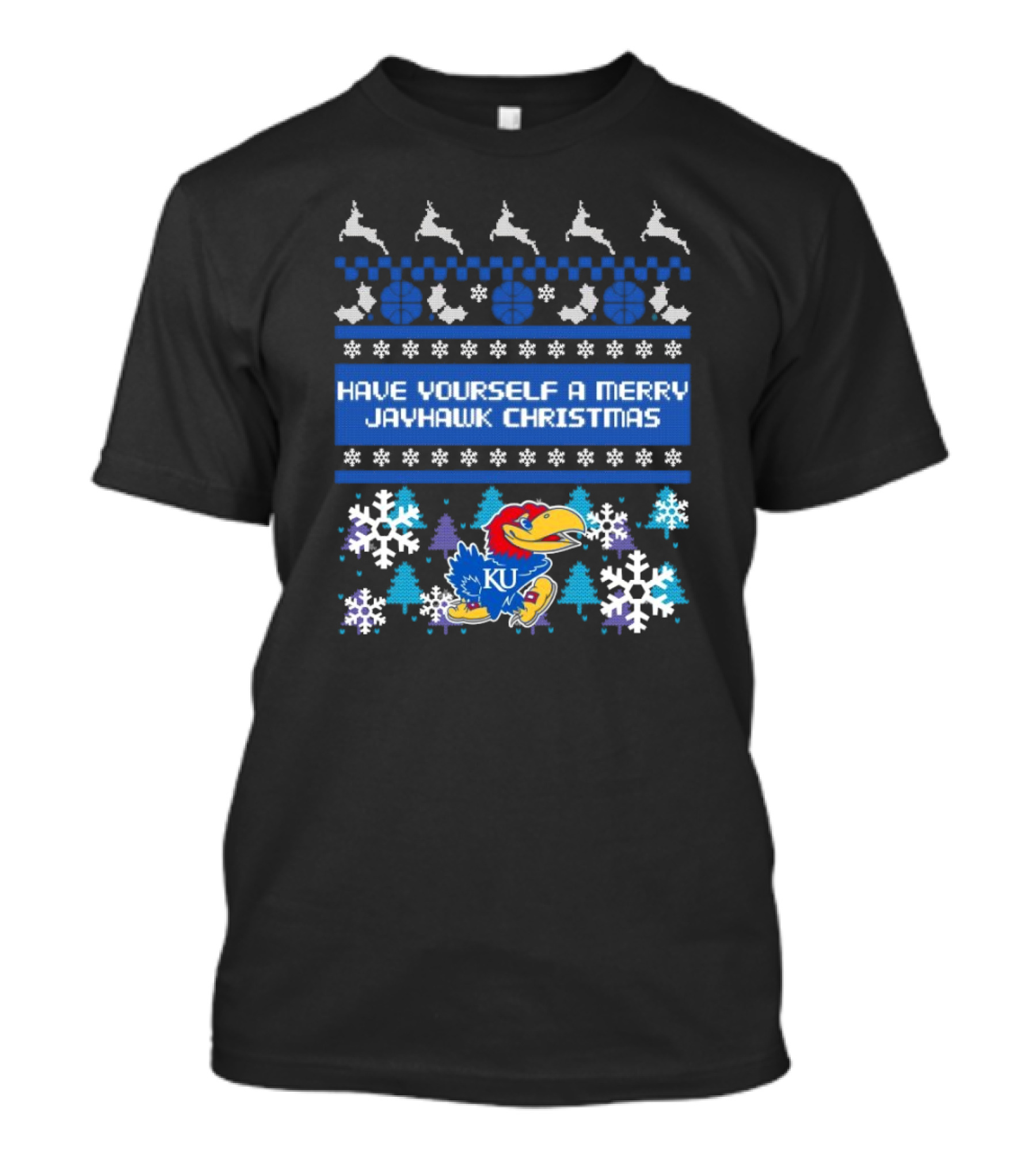 Kansas Jayhawk Have Yourself A Merry Jayhawk Christmas KU Snowflakes Basketball Reindeer T-Shirt
