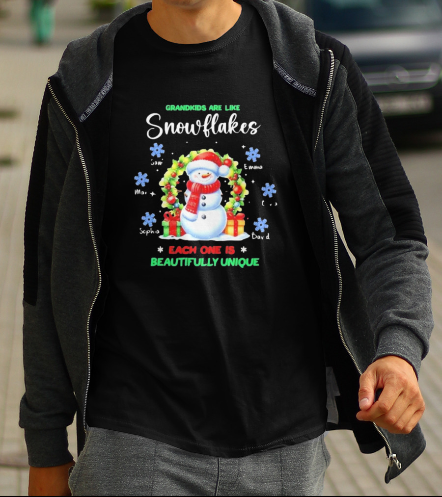 Grandkids Are Like Snowflakes Each One Is Beautifully Unique Christmas Personalized Names Snowman Wreath T-Shirt