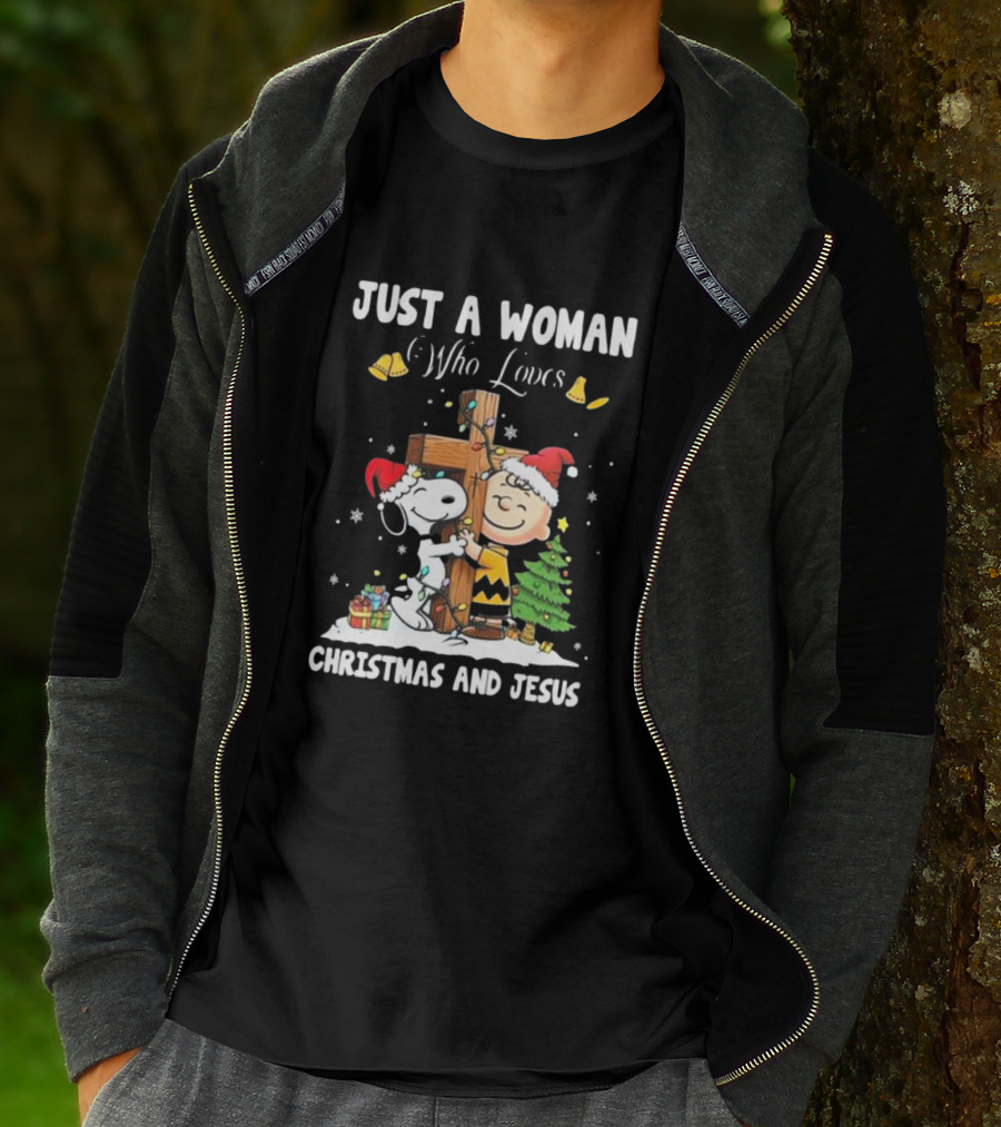 Snoopy And Charlie Brown Just A Woman Who Loves Christmas And Jesus T-Shirt