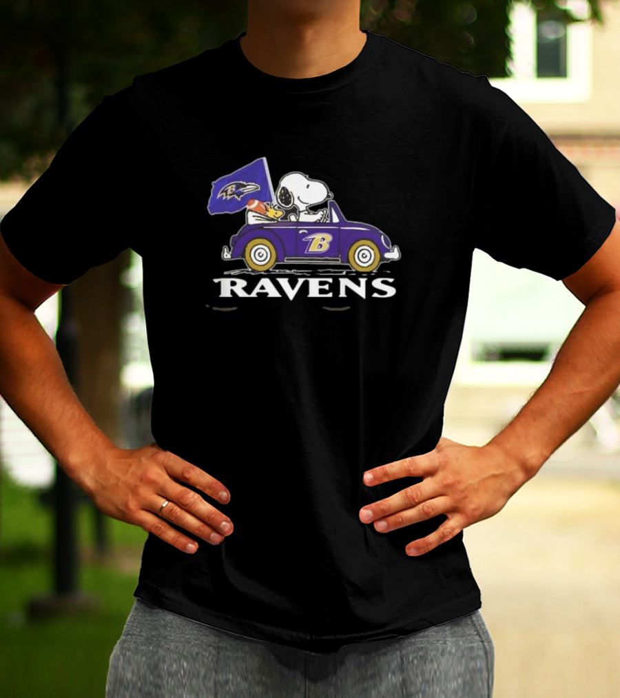 Snoopy Woodstock Driving Baltimore Ravens Car T-Shirt