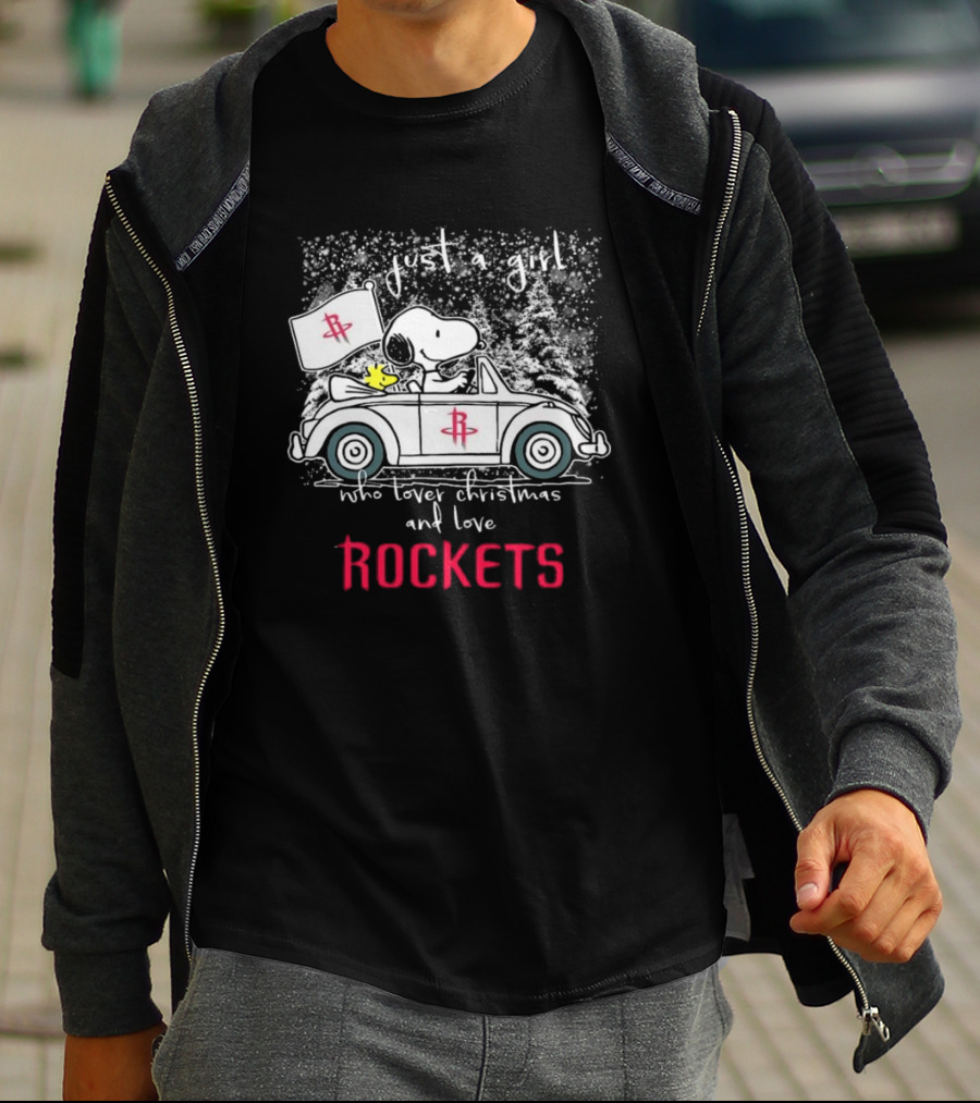 Just A Girl Who Loves Christmas And Houston Rockets Snoopy Woodstock Peanuts NBA T-Shirt