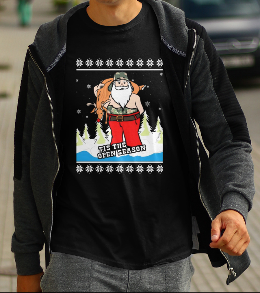 Hunting Santa Tis The Open Season Camouflage Ugly Christmas Sweaters T-Shirt