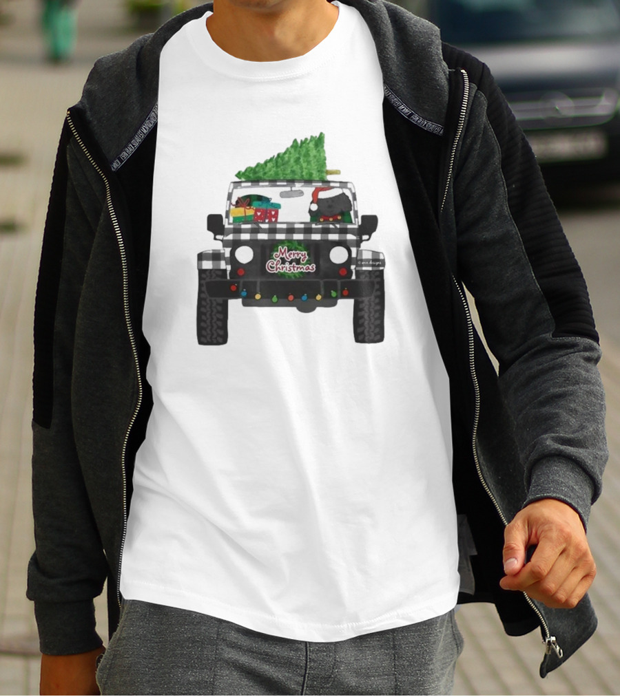 Merry Christmas Black Buffalo Plaid Jeep With Cartoon Labradoodle And Tree T-Shirt