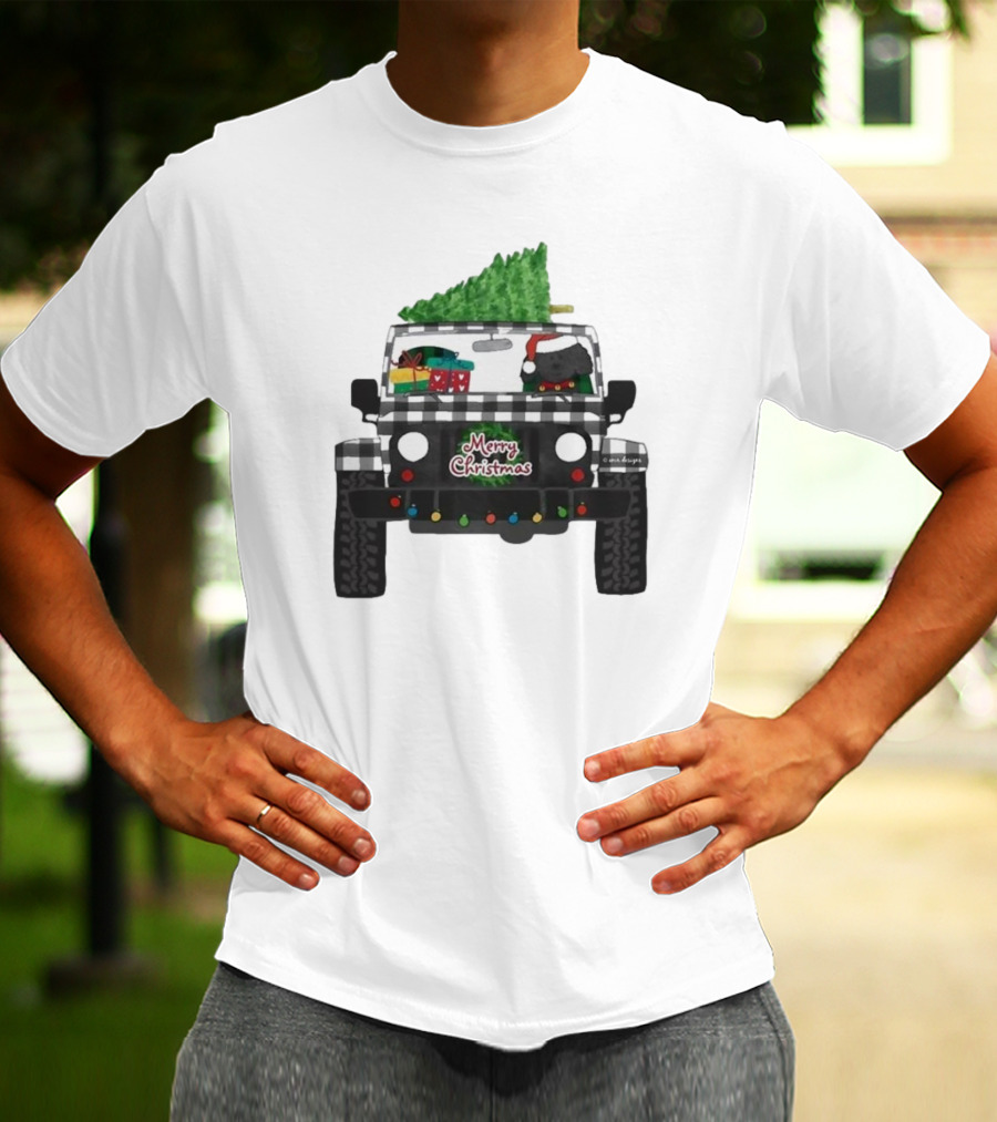 Merry Christmas Black Buffalo Plaid Jeep With Cartoon Labradoodle And Tree T-Shirt