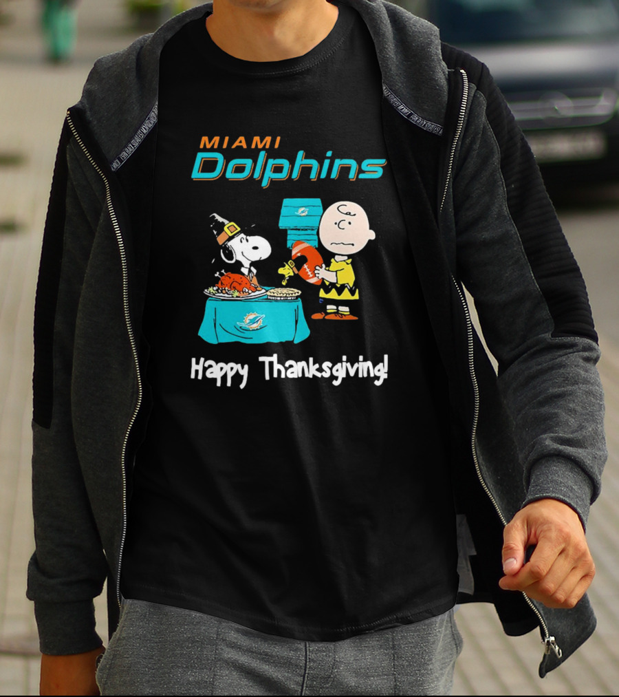 Miami Dolphins Peanuts NFL Football Happy Thanksgiving T-Shirt