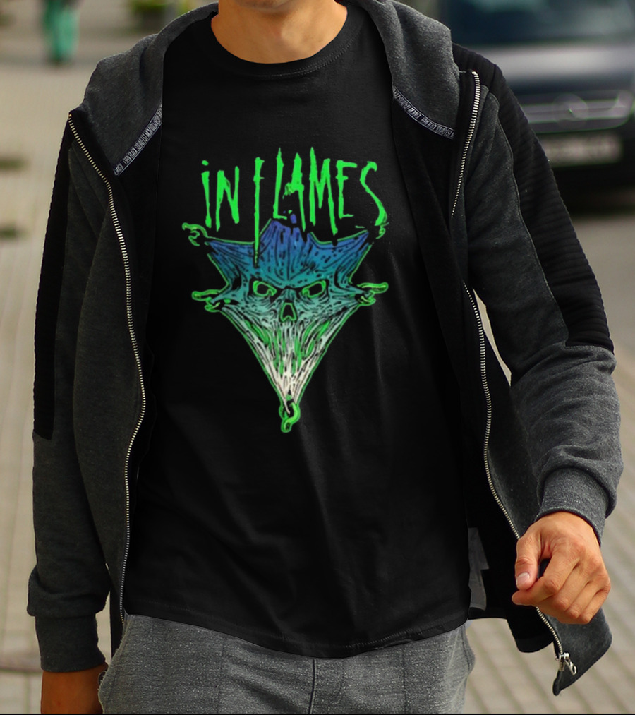 In Flames Pierced Jester Skull Face T-Shirt