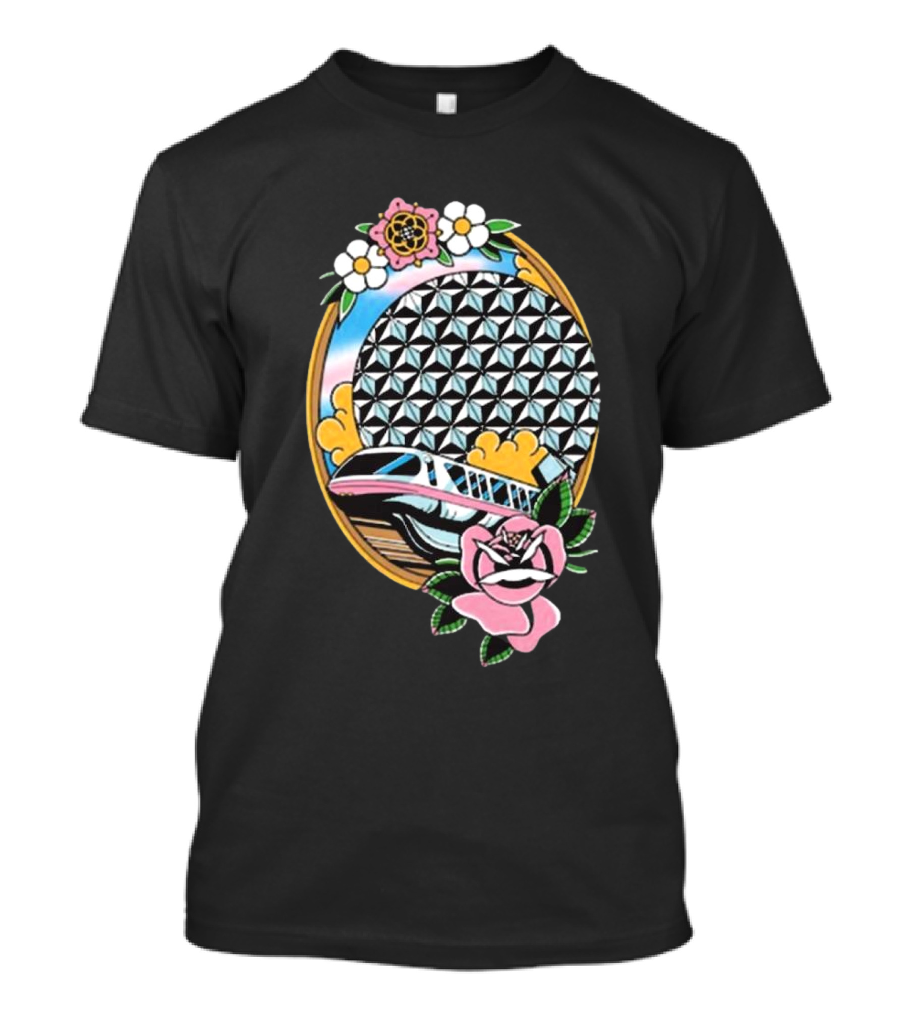 The Lost Bros Monorail Spaceship Earth Tattoo Style Floral T-Shirt