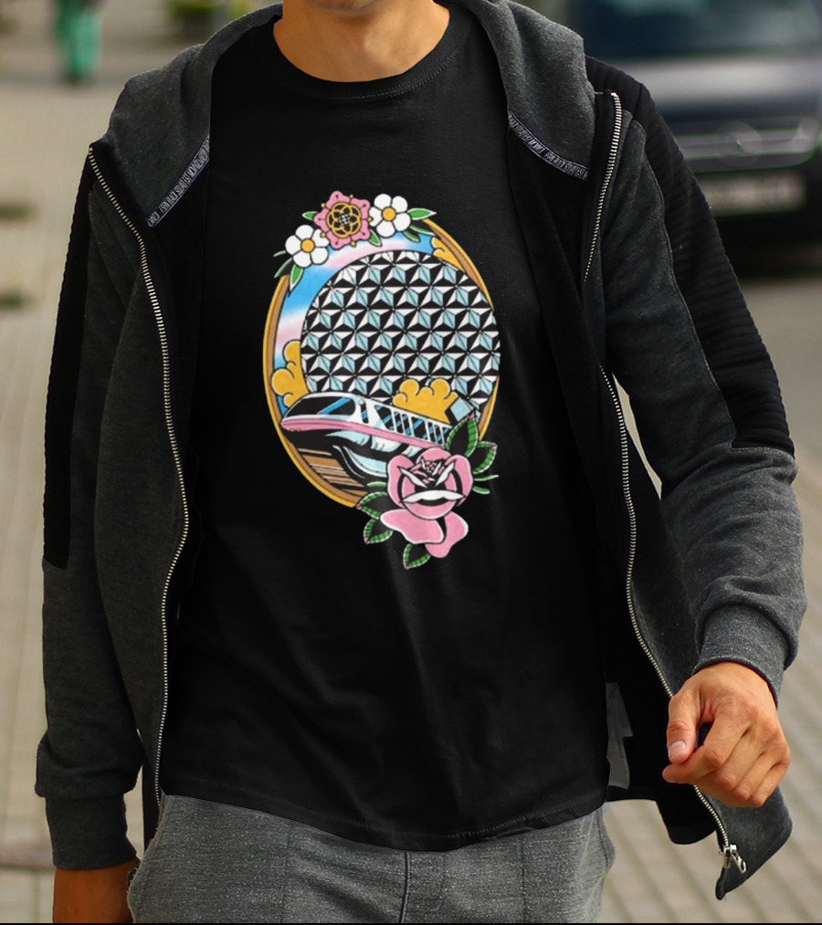 The Lost Bros Monorail Spaceship Earth Tattoo Style Floral T-Shirt