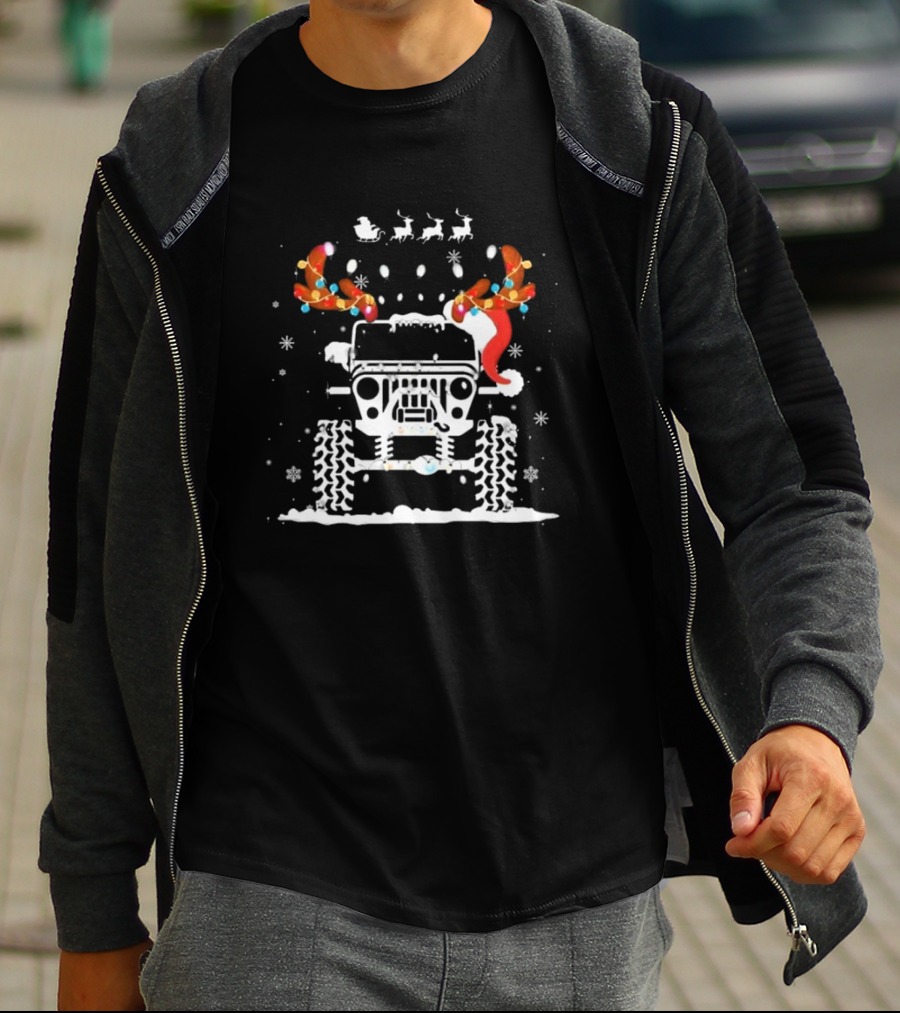 Jeep Reindeer Antlers Santa Sleigh Christmas Lights T-Shirt