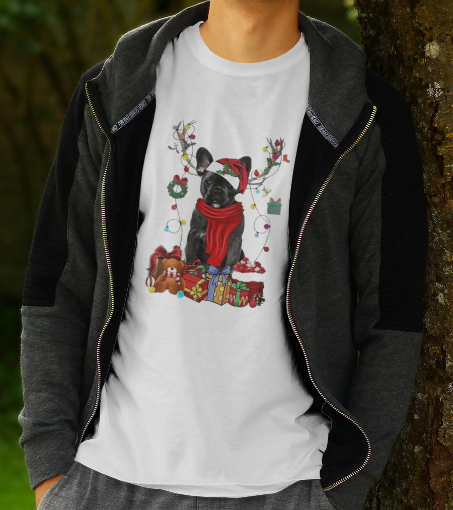 French Bulldog Reindeer Christmas Lights Merry Christmas Wreath Gifts T-Shirt