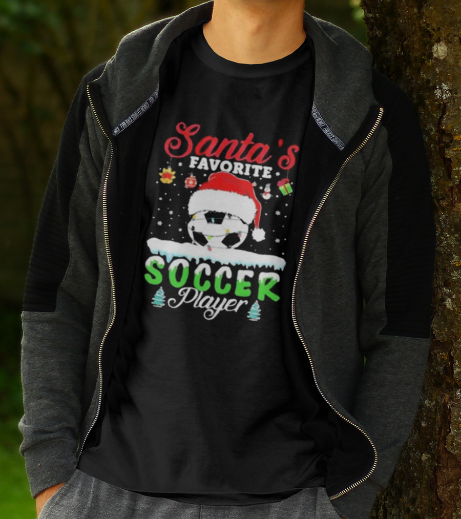 Santa's Favorite Soccer Player Christmas Football Soccer Ball Santa Hat Snowflakes T-Shirt