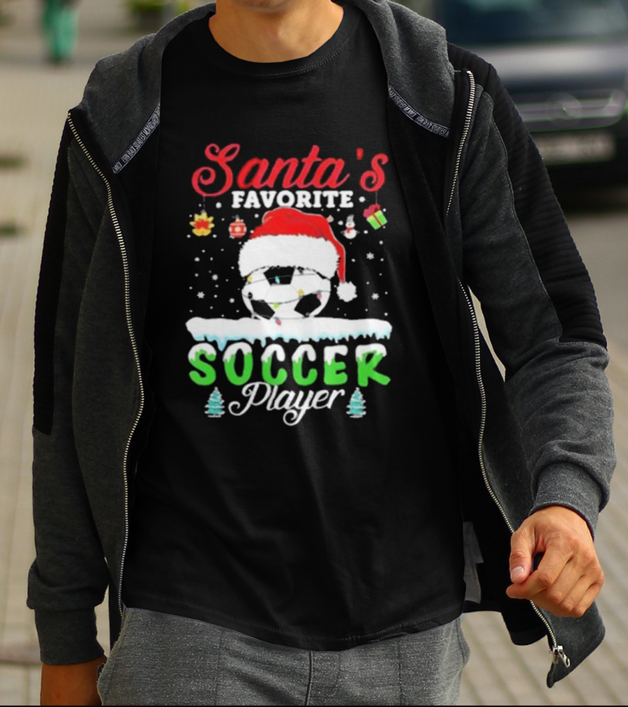 Santa's Favorite Soccer Player Christmas Football Soccer Ball Santa Hat Snowflakes T-Shirt