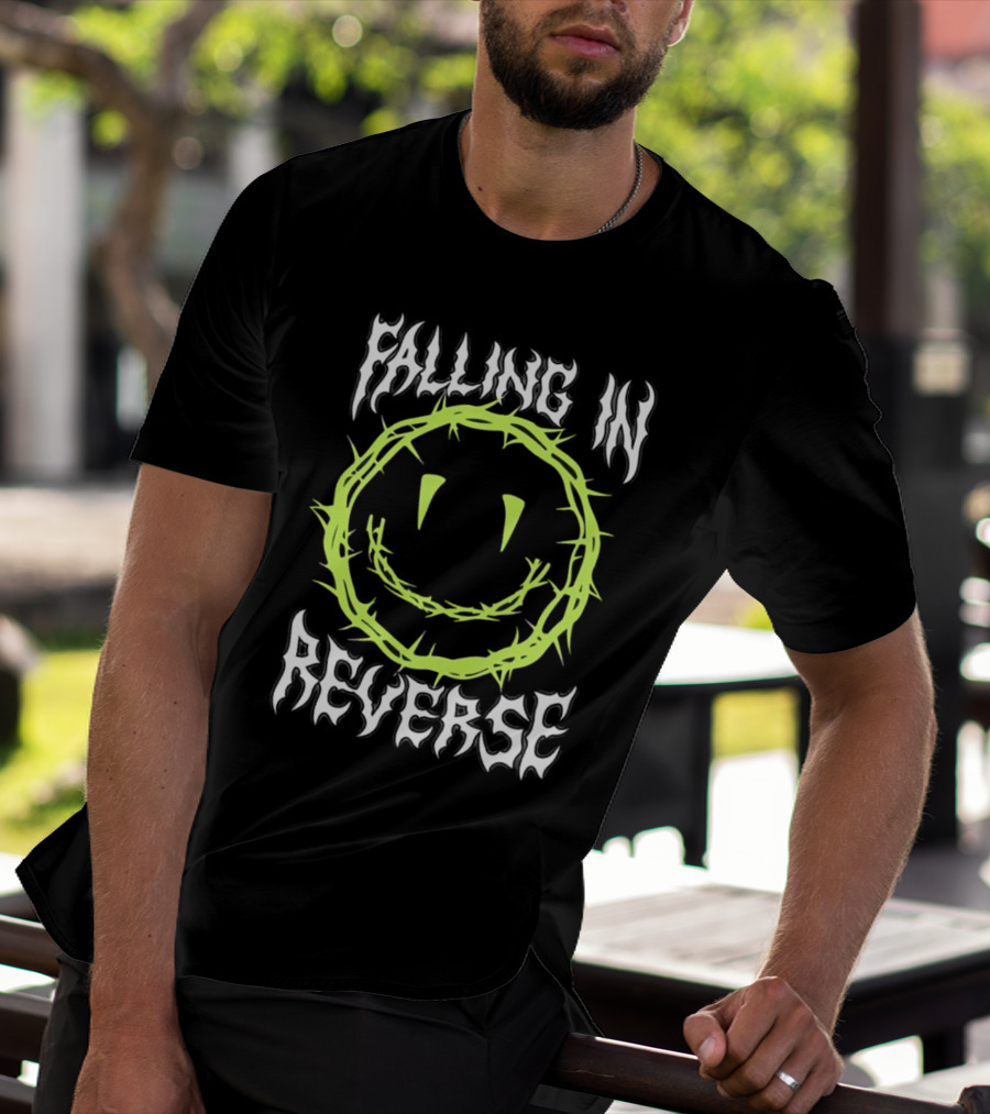 Falling In Reverse Smiley Face With Green Thorn Outline T-Shirt