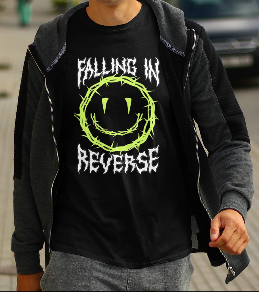 Falling In Reverse Smiley Face With Green Thorn Outline T-Shirt