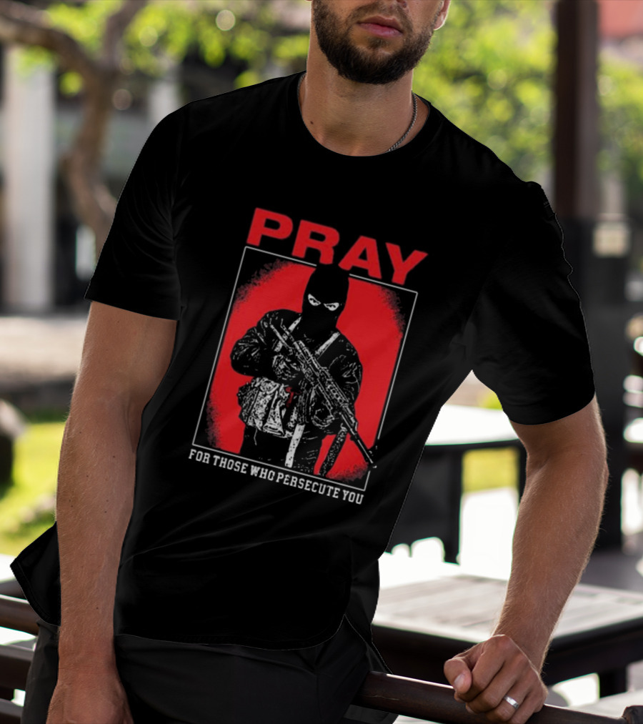 Ritualprintslc Shayne Smith Pray For Those Who Persecute You Masked Figure With Rifle In Red And Black T-Shirt