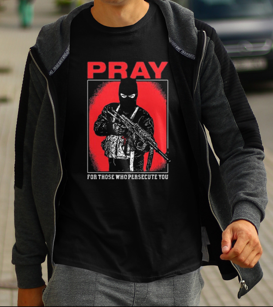 Ritualprintslc Shayne Smith Pray For Those Who Persecute You Masked Figure With Rifle In Red And Black T-Shirt